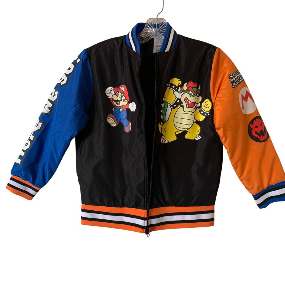 Super Mario Bros Boys Sz 8 Varsity Puff Jacket Bowser Orange Blue Winter Coat
